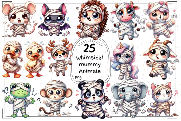 25 Whimsical Watercolor Mummy Animal Clipart for Halloween