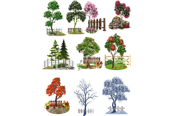 All Season Trees and Fence: 10 PNGs for Every Project