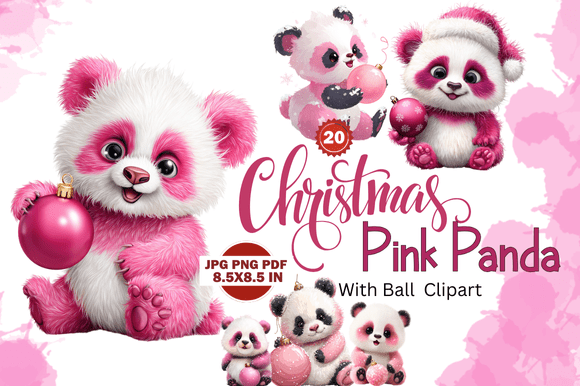 Christmas Pink Panda with Ball Clipart: Festive Design Assets